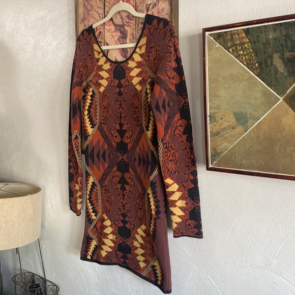 FREE PEOPLE SWEATER DRESS BOHO STRETCH BOHEMIAN PATTERN LONG SLV BODYCON DRESS L - Picture 16 of 17